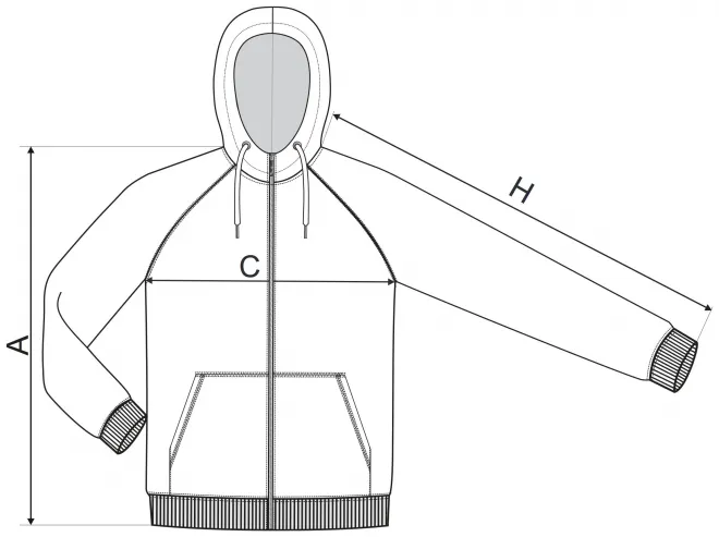 Ανδρική φούτερ σε αντίθεση με κουκούλα - πίνακας διαστάσεων