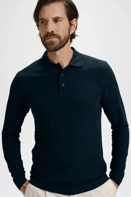 Ανδρικό πουκάμισο πόλο με μακριά μανίκια, σκούρο μπλε