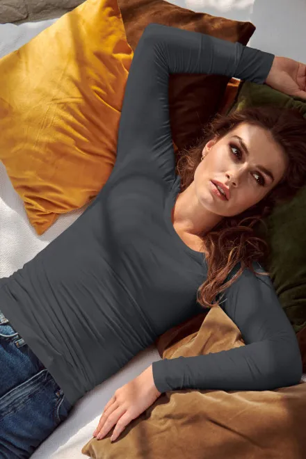 Γυναικείο μπλουζάκι με μακριά μανίκια και βαθύτερη λαιμόκοψη, ανοιχτό γκρι